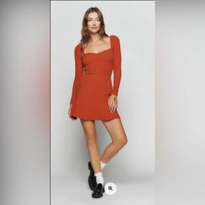Reformation Bruno Knit Dress Long Sleeve Sweetheart Mini Skater Orange Sz S M